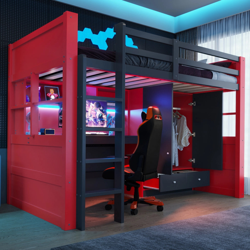 Letto a soppalco gaming 90x200 con scrivania e armadio
