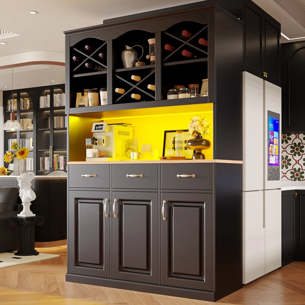 Credenza da cucina nera con LED, 3 ante e 3 cassetti