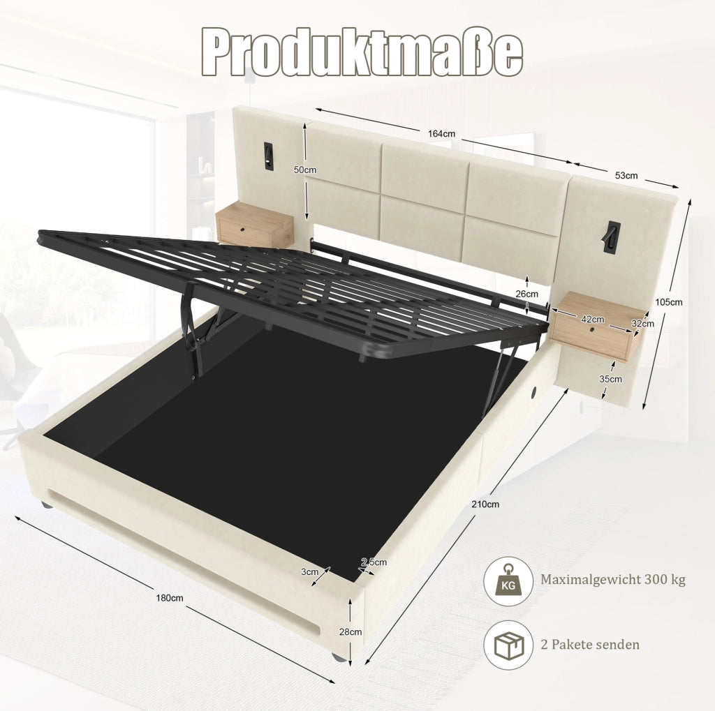 Letto contenitore 180x200 cm beige in velluto, contenitore idraulico e USB-C