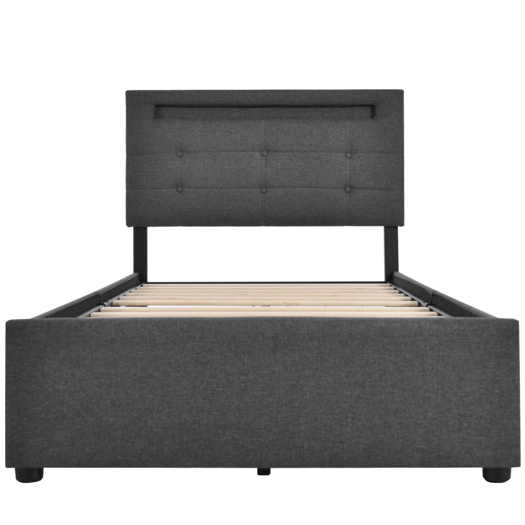DESMIU Letto singolo 90 × 200 cm con LED, 2 cassetti e testiera regolabile, materasso incluso, lino, grigio
