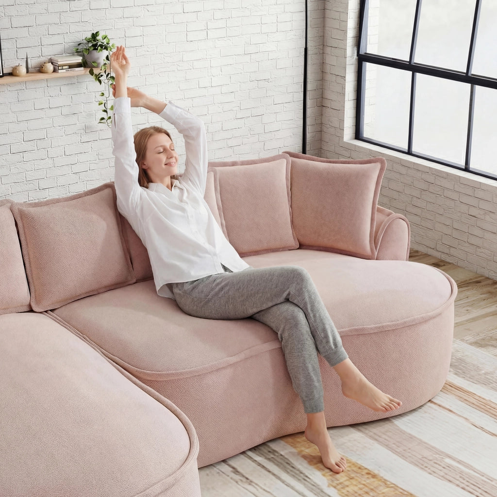 Divano Angolare Chaise Longue con Cuscini ¨C Xylo ¨C Tessuto Chenille Rosa, Braccioli Larghi