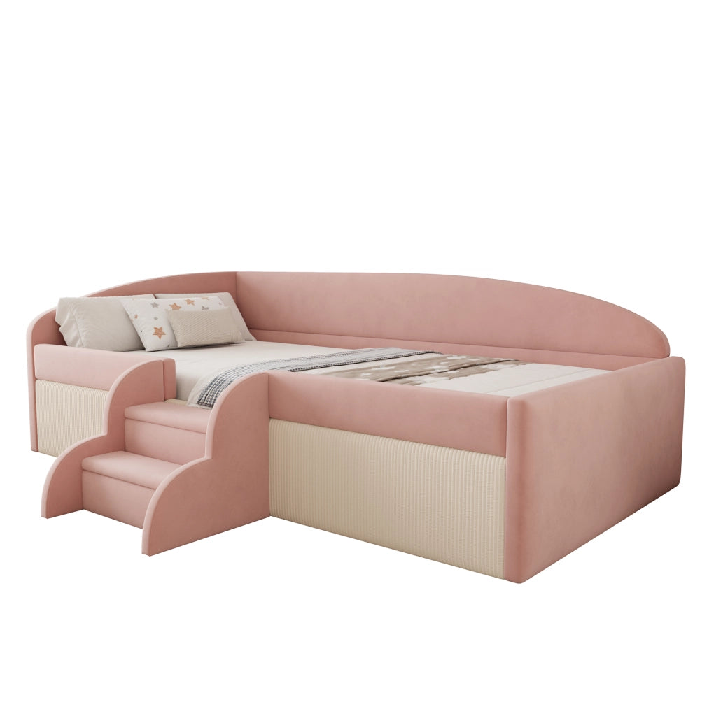 Letto imbottito 90x190 cm con gradini e sponde in velluto rosa e bianco crema