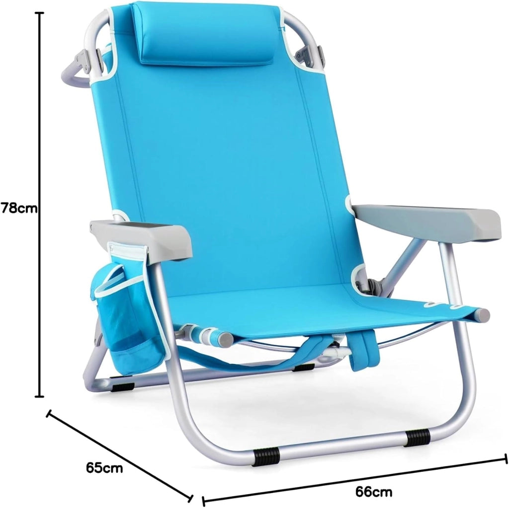 Sedia da Spiaggia Pieghevole con Zaino, Sedia da Campeggio in Alluminio Reclinabile con Schienale Regolabile in 5 Posizioni, Porta Asciugamani (65 x 66 x 78 cm,Blu,1)