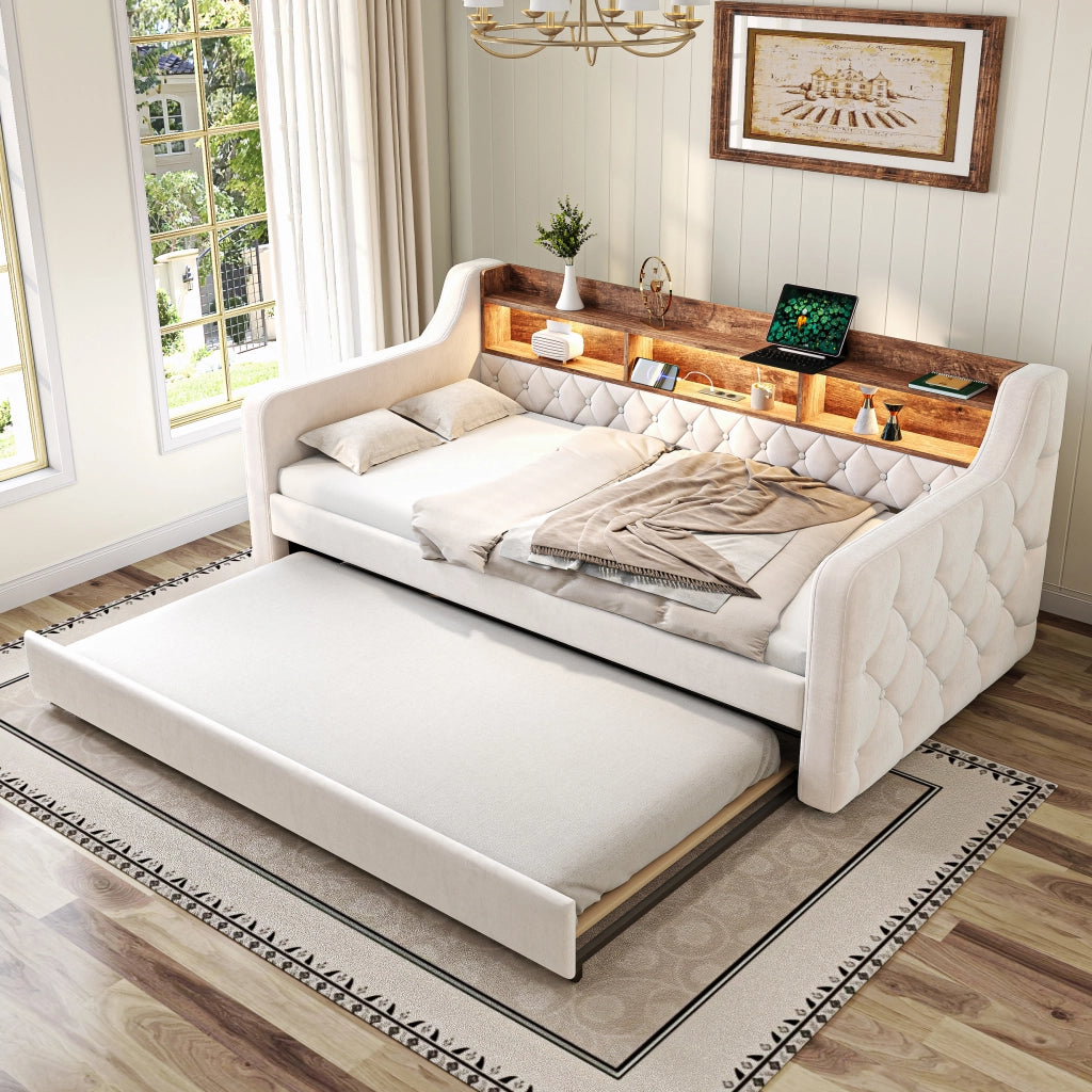 LETTO Estraibile 90x190 cm in Velluto Beige con LED, USB-C e ripiano