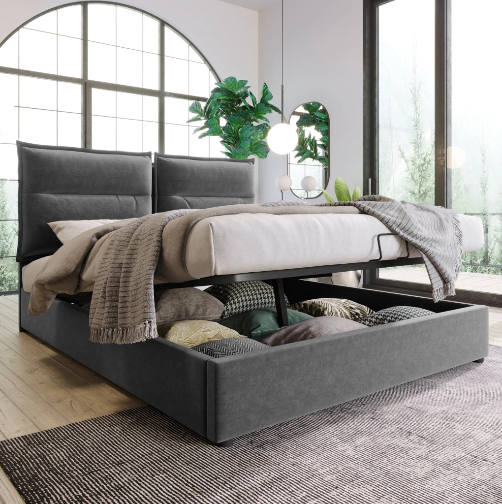 Letto imbottito 140x200 cm grigio con contenitore idraulico e testiera regolabile