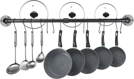 Sostegno per accessori da cucina 100cm con fissaggio alla parete industriale - Hanger per pentole con tubo nero - con 14 ganci per accessori da cucina rimovibili