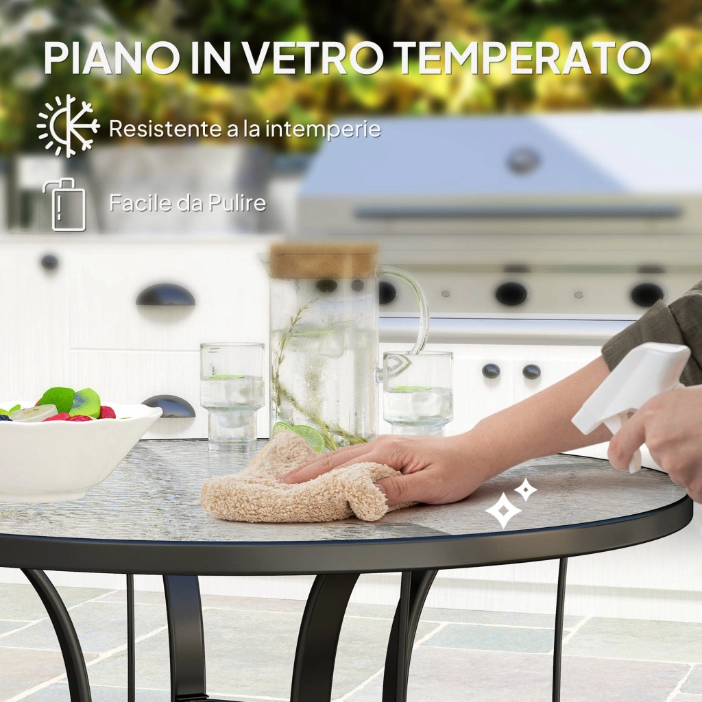 Tavolino da Giardino Rotondo Ø96.5x71 cm con Foro per Ombrellone in Metallo e Vetro Temperato Nero