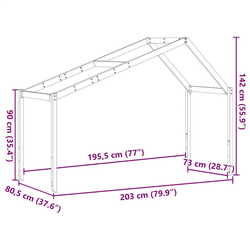 Tetto Letto Bambini Bianco 203x80,5x142 cm Legno Massello Pino