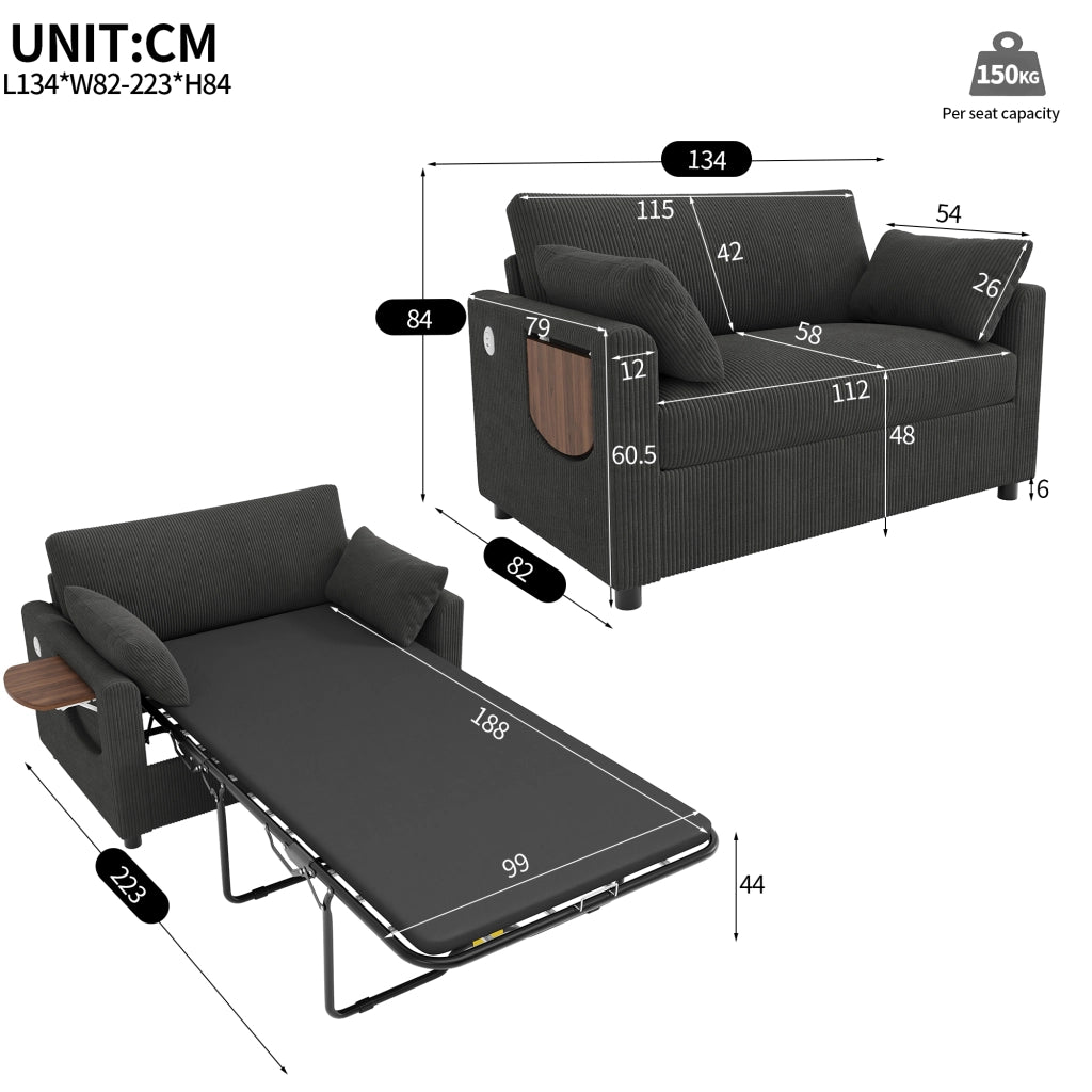 Divano letto estraibile 2 posti con porta USB e USB-C tavolino pieghevole e tasca laterale in velluto a coste grigio
