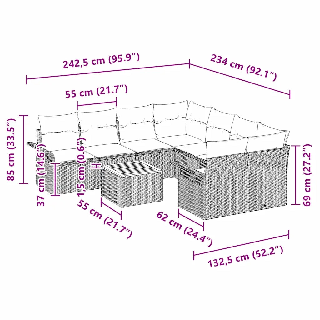 Set Divano da Giardino con cuscino 9 pcs Nero polyrattan 3347310