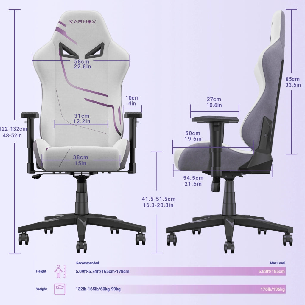 Sedia gaming ergonomica KARNOX in tessuto bianco e viola; reclinabile 90°-155°