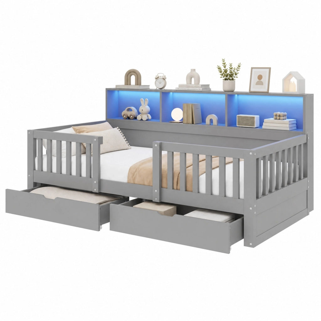 Letto per bambini singolo con barriera; 2 cassetti; ripiani e LED 90 × 200 cm; senza materasso