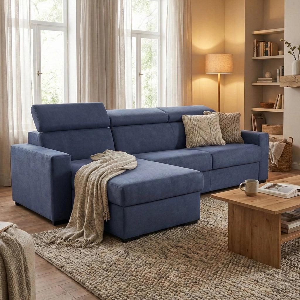Divano fisso Aryaly, Divano ad angolo, Made in Italy, SofÒ  Soggiorno con chaise longue, in tessuto imbottito - Penisola contenitore Sinistra, con Braccioli slim, cm 260x95h85, Blu
