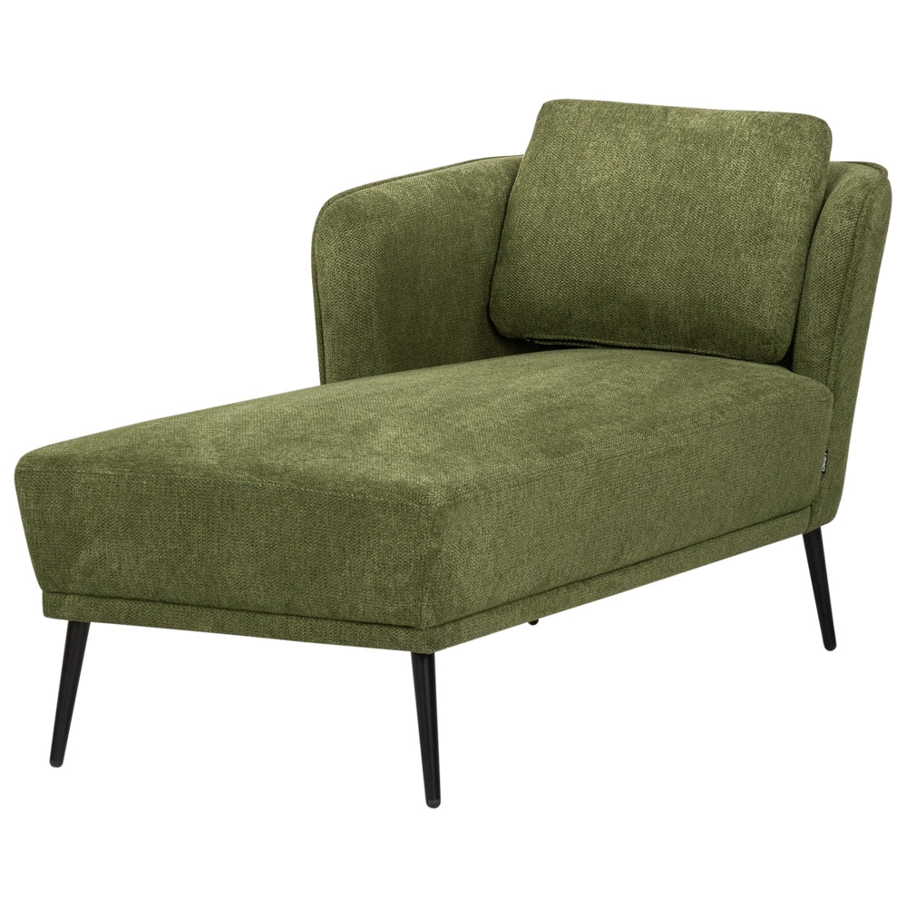 Chaise longue con cuscino verde scuro in tessuto bouclé lato destro stile retrò