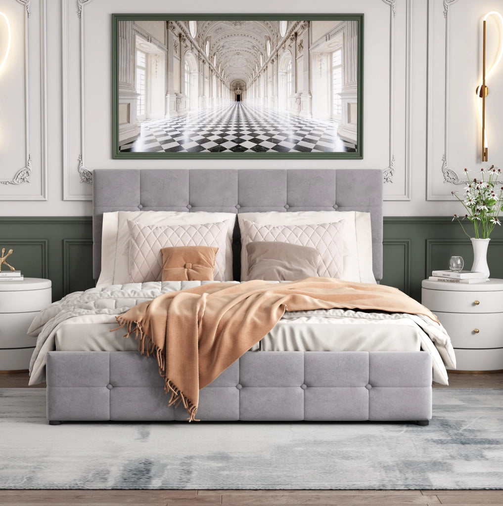 Letto imbottito con contenitore idraulico in velluto grigio