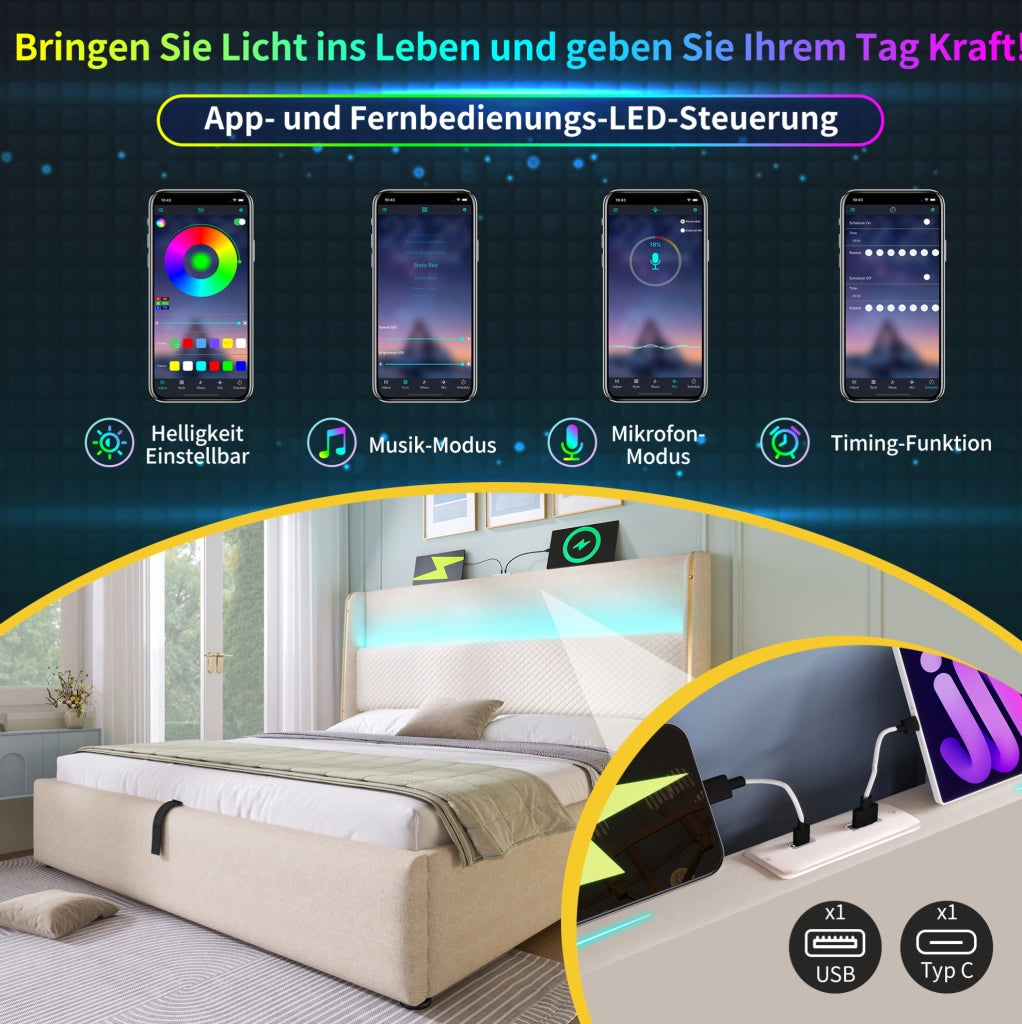 Letto matrimoniale con testiera alta, LED, contenitore e porte di ricarica