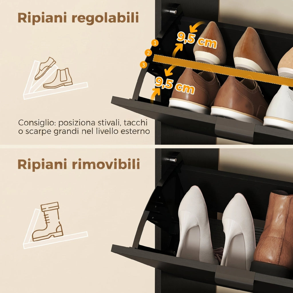 Scarpiera Moderna con Specchio. 4 Cassetti a Ribalta. Capacit¨¤ Fino 16 Paia di Scarpe. Nero