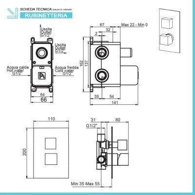 Set doccia incasso completo con soffione quadrato inox e kit doccia  Torre
