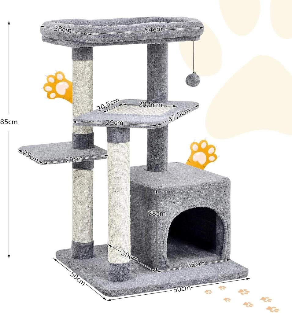 Albero per Gatti a 4 Piani, Torre per Gatti con Tiragraffi, Nicchia, Pallina di Peluche con Sonagli, Piattaforma per Saltare, Albero Tiragraffi Gattini (Grigio)