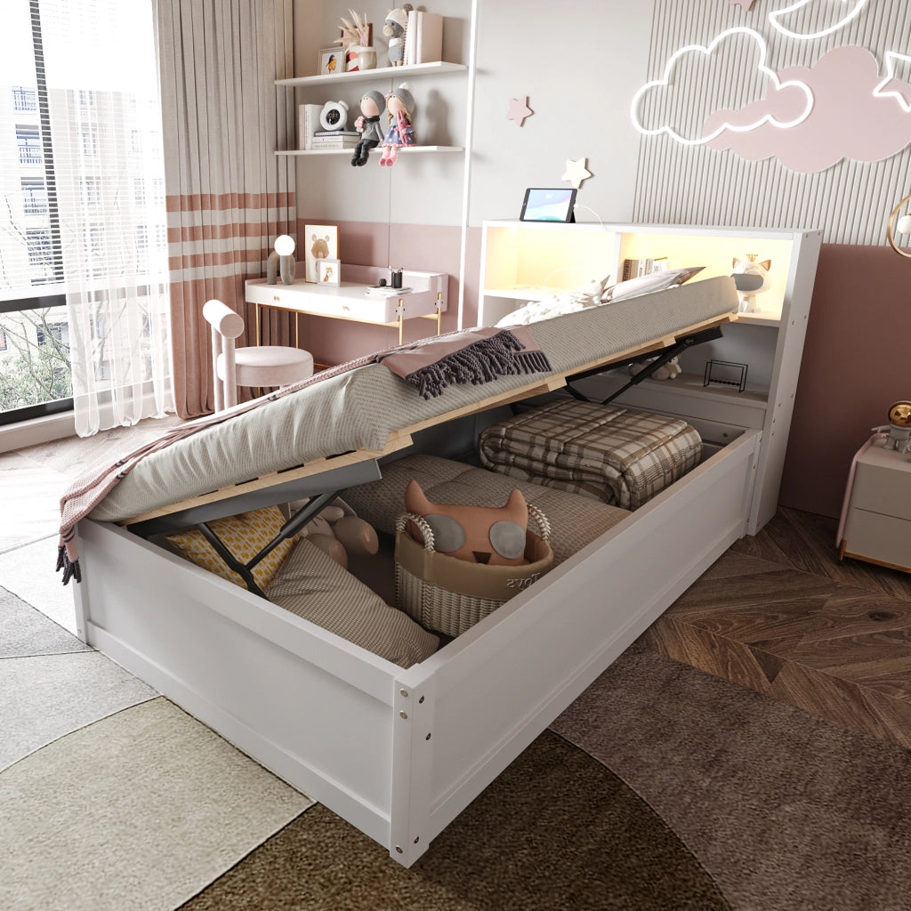 Letto singolo multifunzionale - Zephmum- 90x200- Bianco- Con luce integrata, idraulico, presa multipla