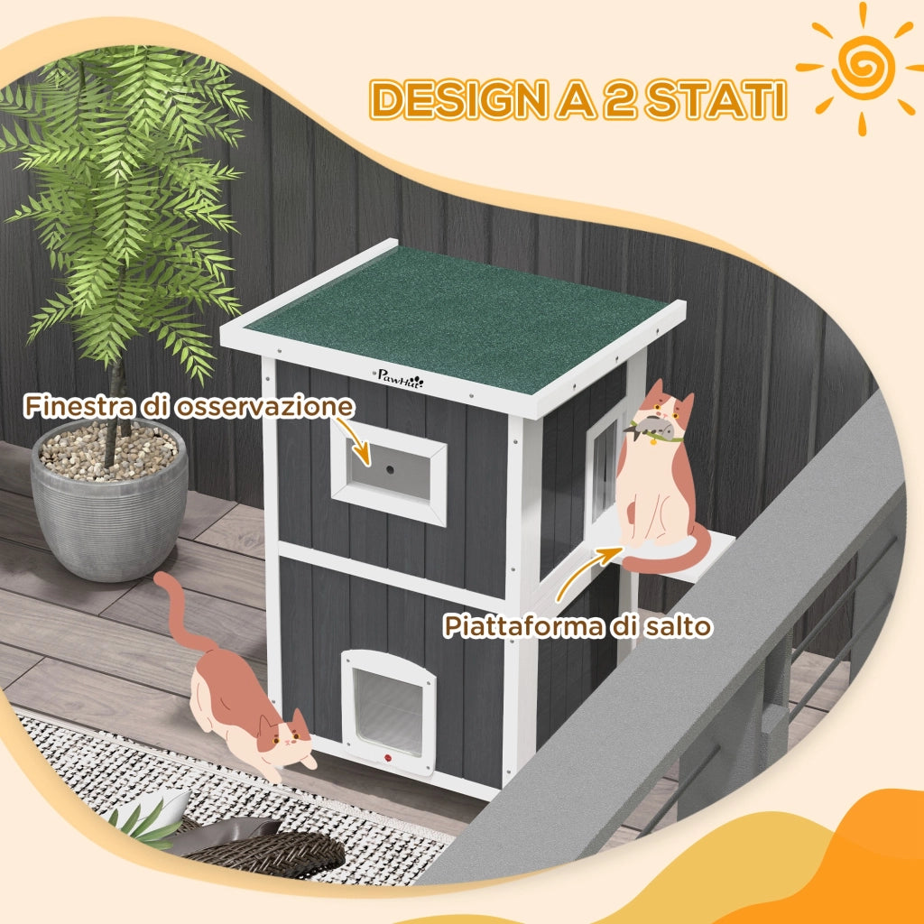 Cuccia per Gatti da Esterno in Legno a 2 Livelli con Tetto ¨C zephmum ¨C Grigio 60x60x90.5cm