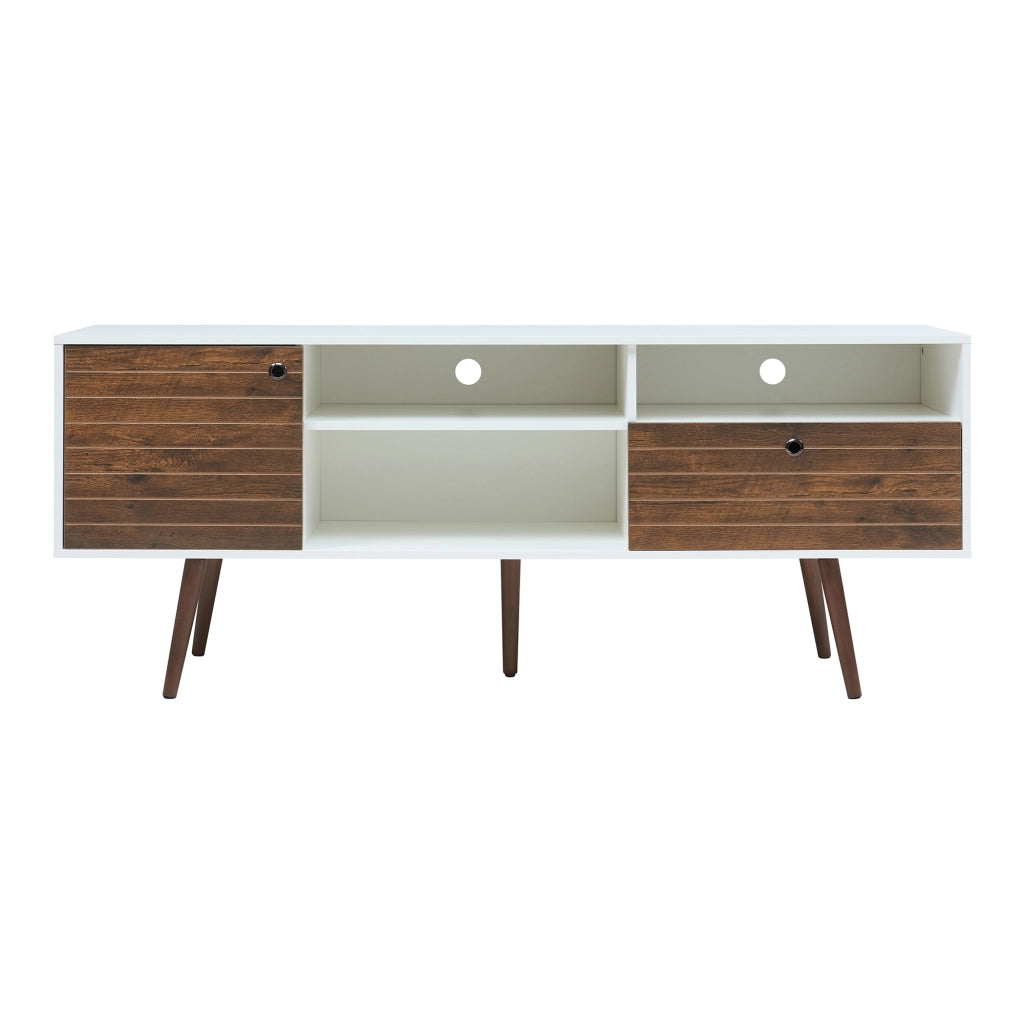 Mobile TV Vare con Cassetto Anta e Vani Aperti 165x40x66 cm - Bianco/Effetto Noce [en.casa]