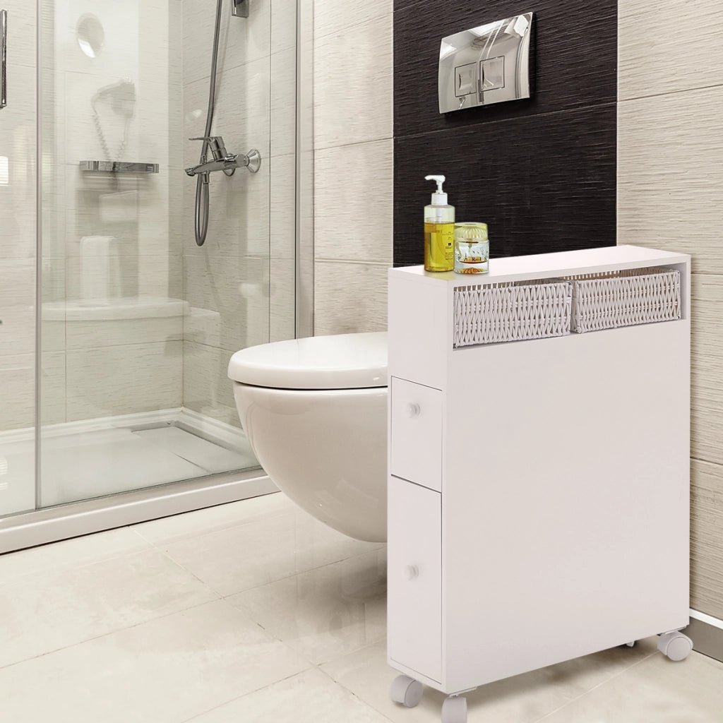 Armadio di legno con cassetti cesti e porta scopino del water-Buffet-Armadio da cucina Credenza con ruote per piccoli spazi Bianco