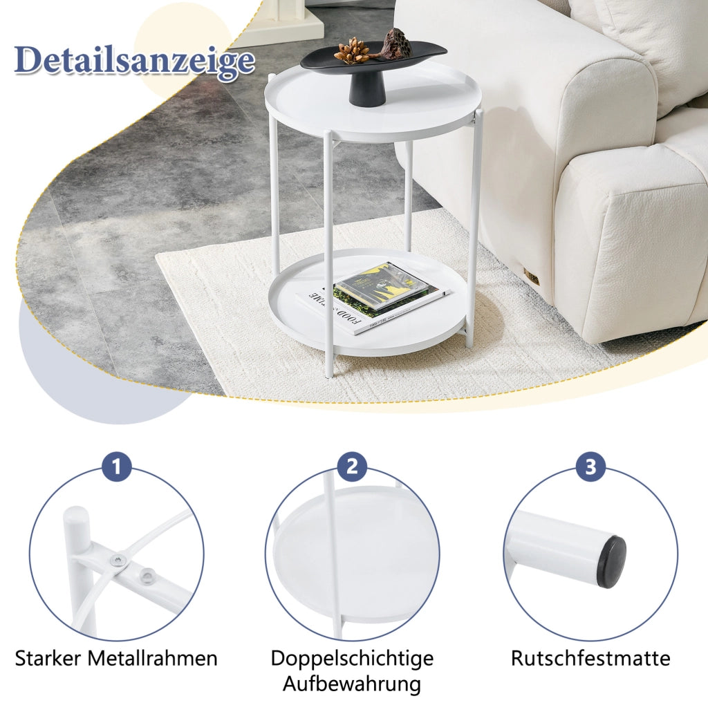 Tavolino rotondo a 2 ripiani ?42 x 52 cm in MDF e metallo bianco