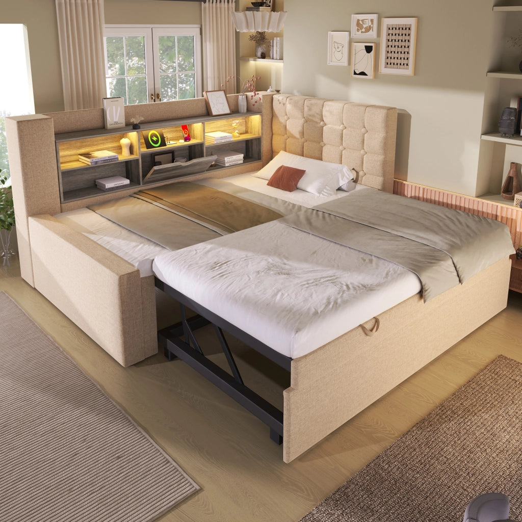 LETTO CONTENITORE 90x200 cm Beige in lino con LED e letto estraibile