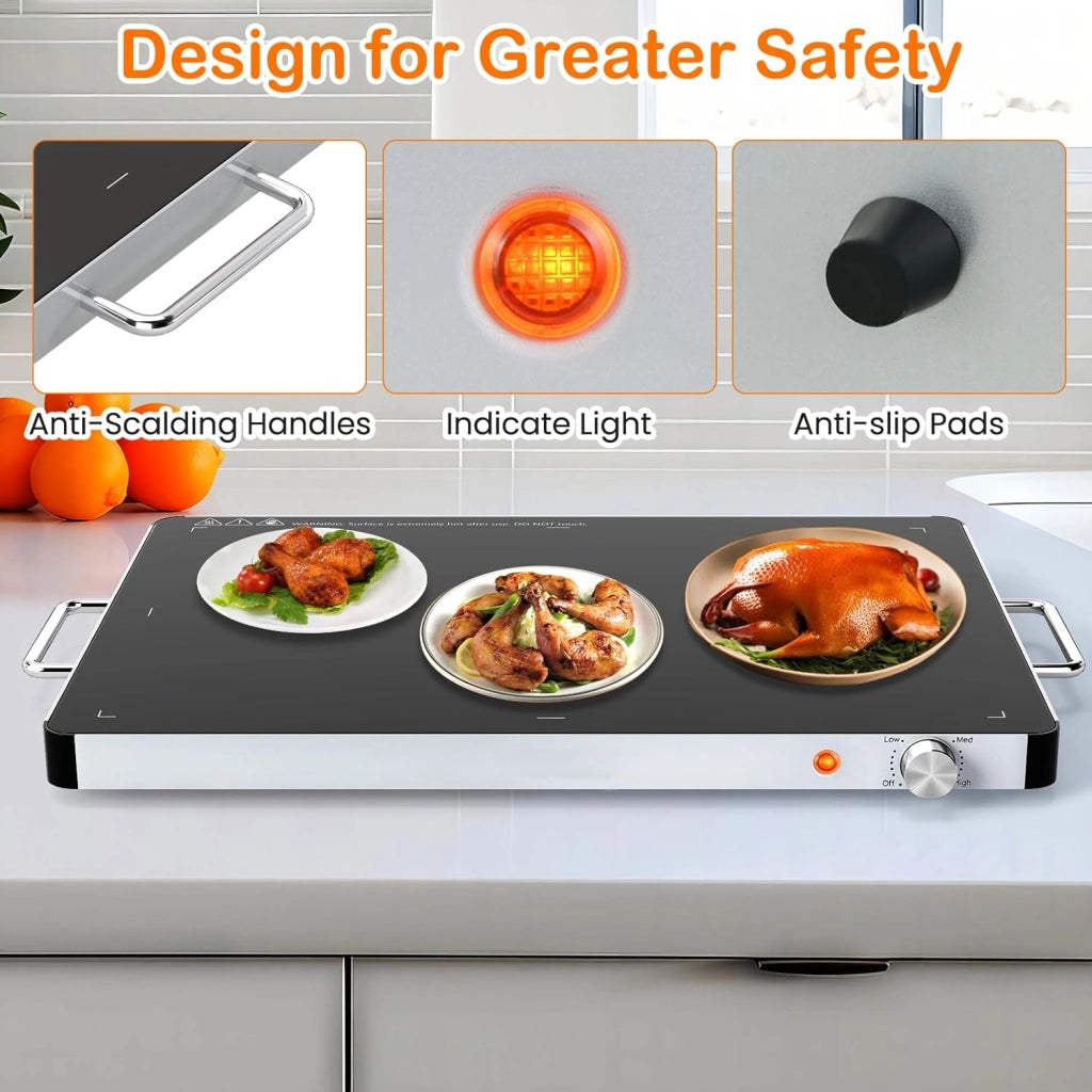 Vassoio Scaldavivande Elettrico 400 W, Scalda Vivande Temperatura Regolabile 30-120℃, Vassoio 53 X 40 CM, con Maniglia Cool-Touch, Superficie in Vetro Temperato, per Famiglia, Feste, Picnic