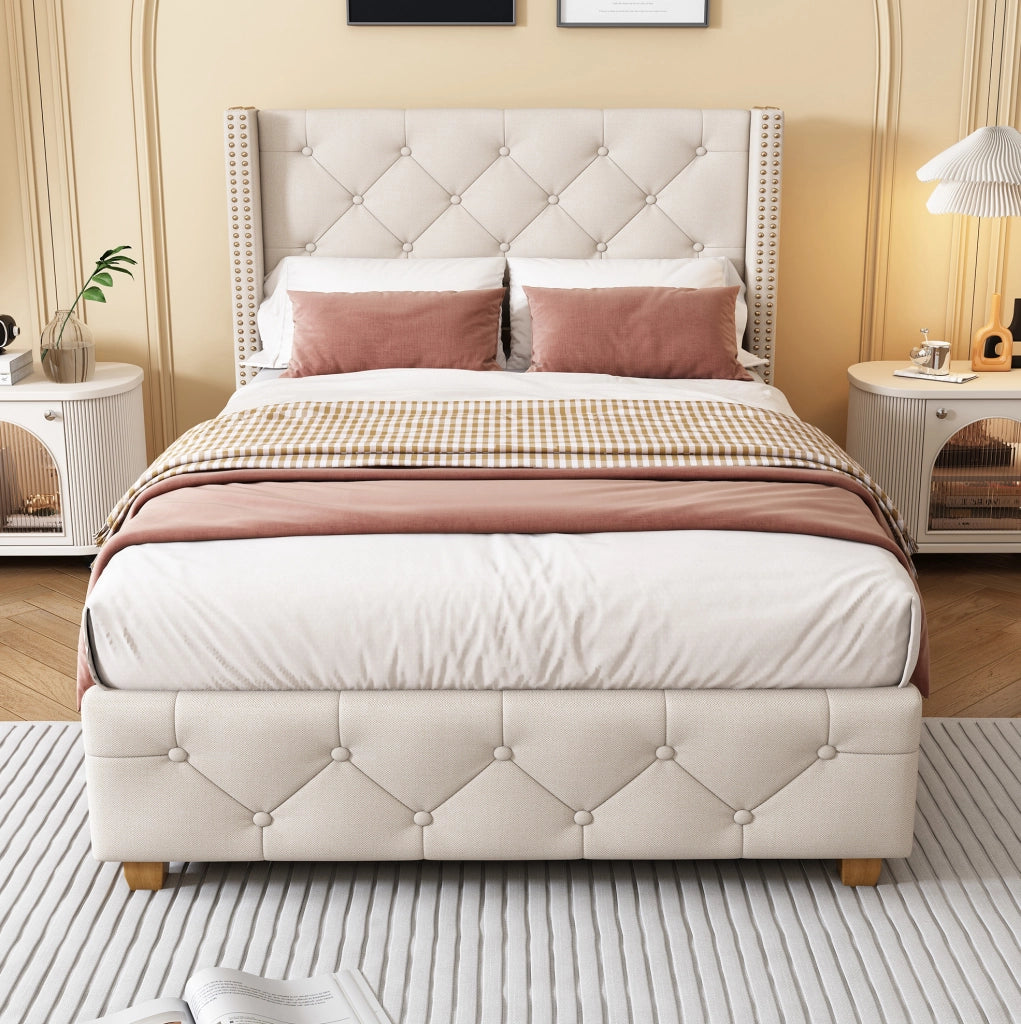 Letto imbottito 90x200 cm in lino beige con testiera capitonné e rete a doghe