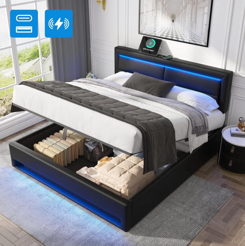 Letto imbottito nero 140 x 200 cm con USB, LED e vano contenitore