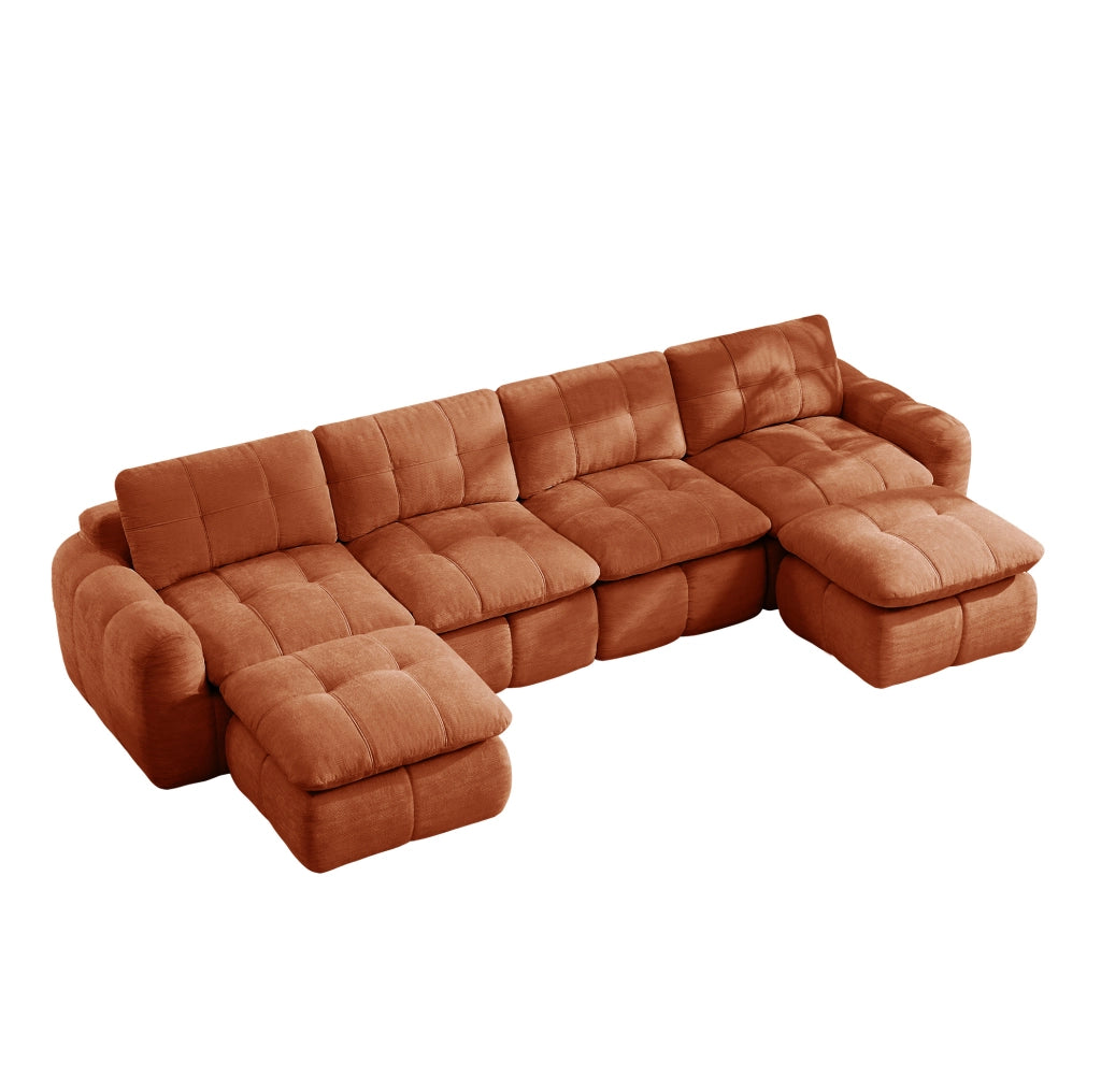 Divano modulare in ciniglia arancione; 334 x 160 x 68 cm