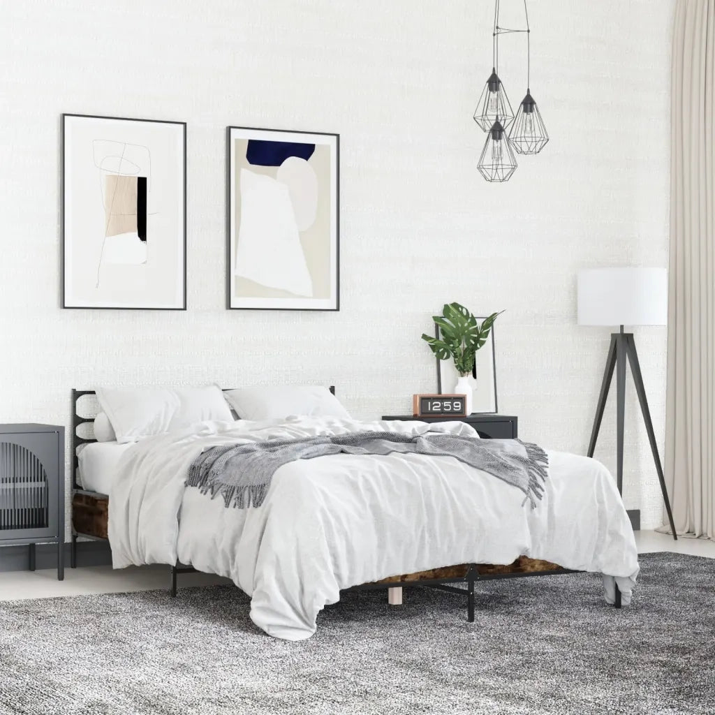 Letto matrimoniale | Letto per adulti | Giroletto Rovere Fumo 140x190 cm in Legno Multistrato Metallo
