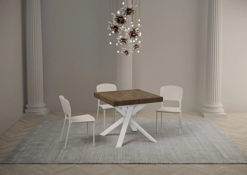 Tavolo allungabile 90x90/194 cm Clerko Noce gambe Bianche