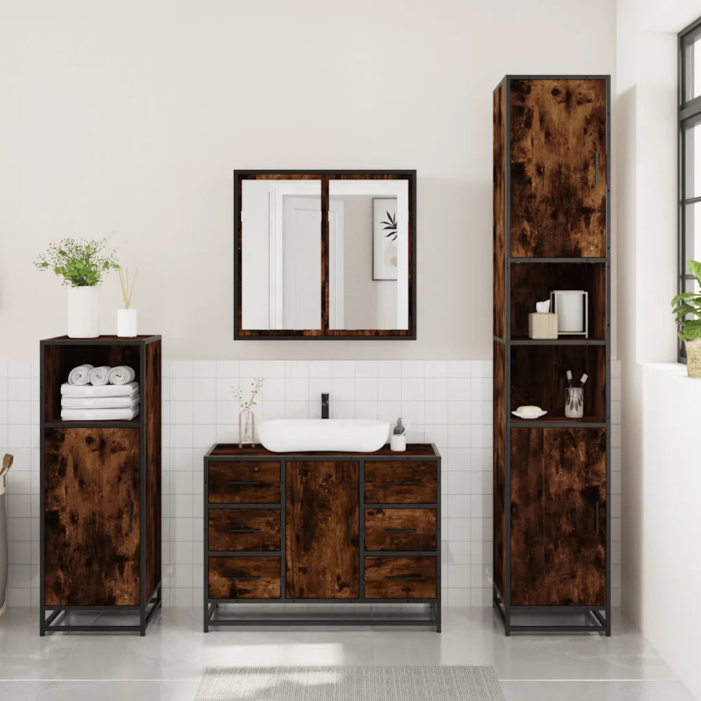 Set Mobili da Bagno 3 pz Rovere Fumo in Legno Multistrato
