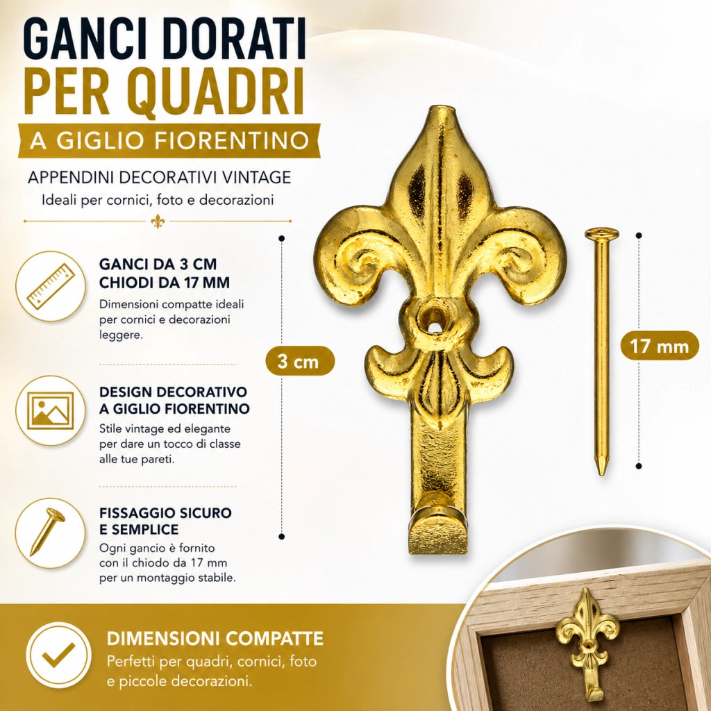 15 Ganci Dorati Quadri Giglio Fiorentino 3 cm con Chiodi 68241
