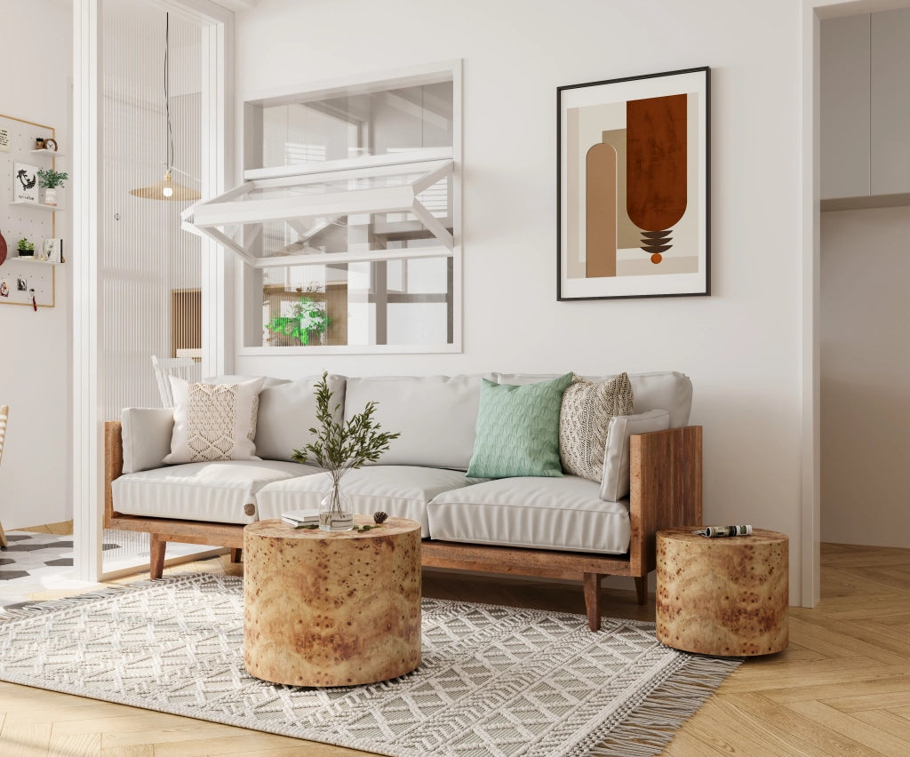 Tavolini bassi impilabili set di 2 in legno e MDF con venatura naturale per soggiorno camera da letto colore naturale