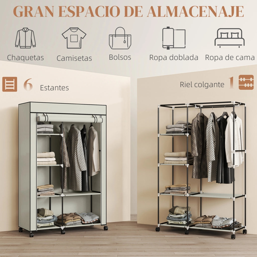 Armadio con Ruote Portatile con 6 Ripiani e Appendiabiti ¨C Zephmum ¨C 103x43x162.5cm Crema