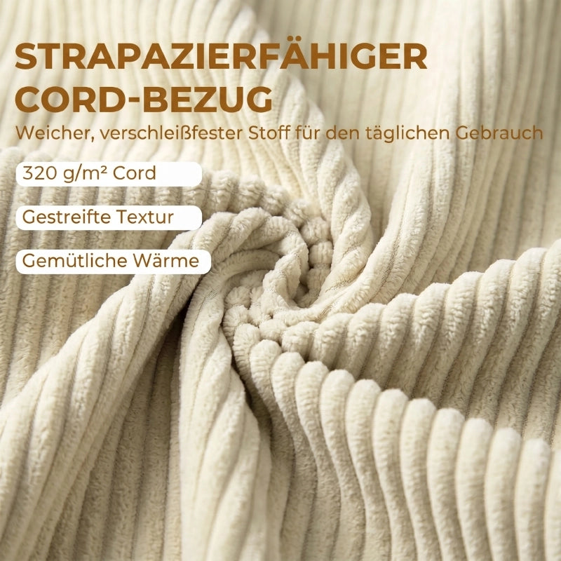 Panca contenitore in velluto a coste con braccioli arrotondati e piedini in legno beige per camera da letto 150 cm