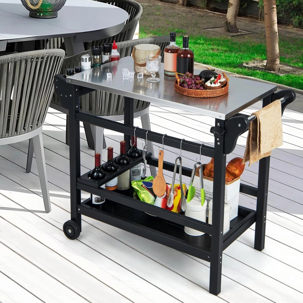 Carrello Barbecue da Esterno, Stand per Forno a Pizza con Piano in Acciaio Inox Vassoio e Portabottiglie, Tavolo per Preparazioni con Maniglia e Ruote per Cucina Giardino