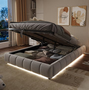 Letto imbottito 140x200 cm senza testiera con LED bianco; contenitore idraulico; beige