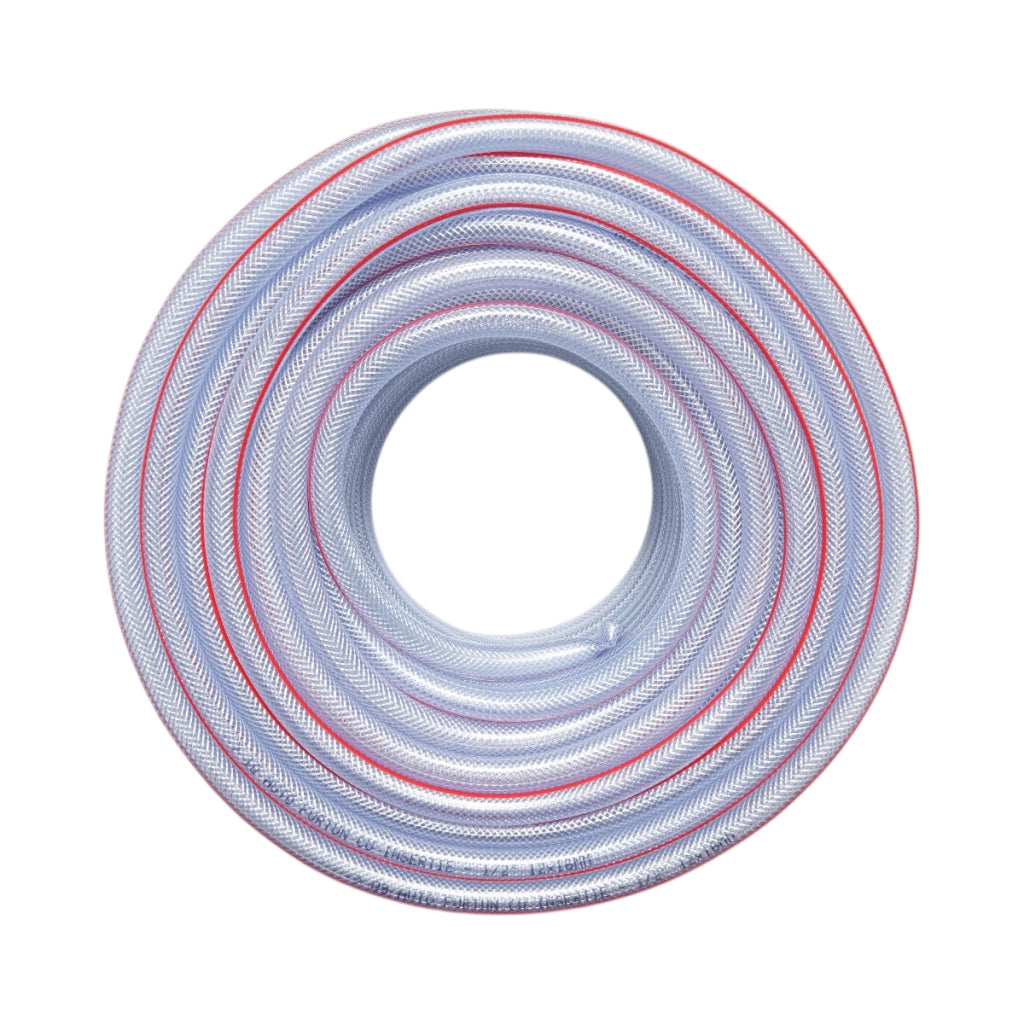 Tubo da giardino in PVC trasparente da 1/2 pollice (12 mm), PN9 bar, 12x18 mm con inserto tessile intrecciato 50 m/rotolo USO INTENSIVO
