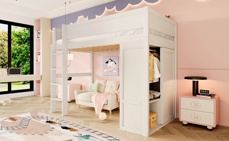 DESMIU Letto a soppalco per bambini 90 × 200 cm 1 posto con armadio, vano e spazio libero, senza materasso, bianco
