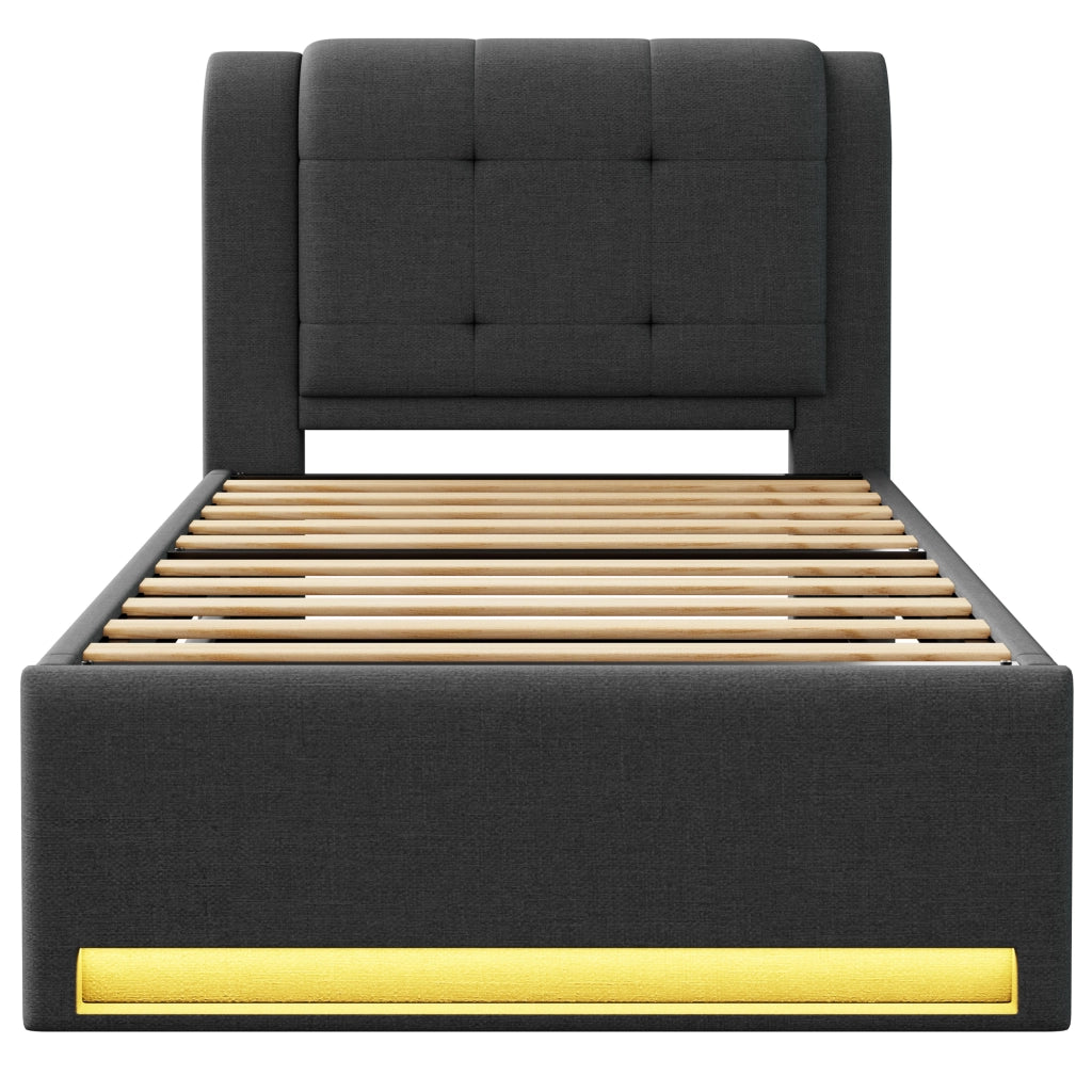 Letto imbottito 90x200 cm con letto estraibile - Zephmum - Grigio, illuminazione LED