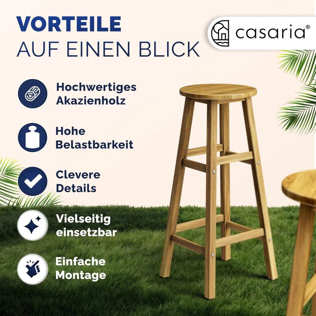 ® Set di 2 Sgabelli da Bar in Legno D'acacia Altezza 75cm Design Rustico Sedia da Cucina Sgabello Tondo Bancone Poggiapiedi