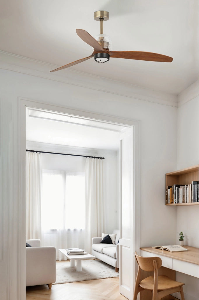 FARO Ventilatore a soffitto Deco Fan Ø1280 mm in Acciaio Oro Vecchio 3 pale Noce motore DC 6 velocita funzione inversa luce LED 3000K per soffitti inclinati FARO-33398D1N
