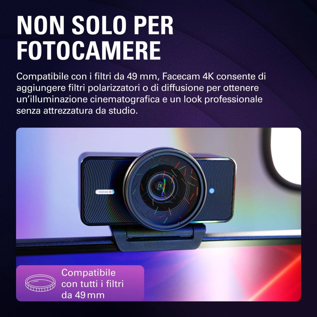 Facecam 4K - webcam da studio 4K60, controllo in stile DSLR, effetti cinematografici, filtri per obiettivo da 49 mm, video non compresso, area di messa a fuoco ottimizzata | USB-C per PC e Mac