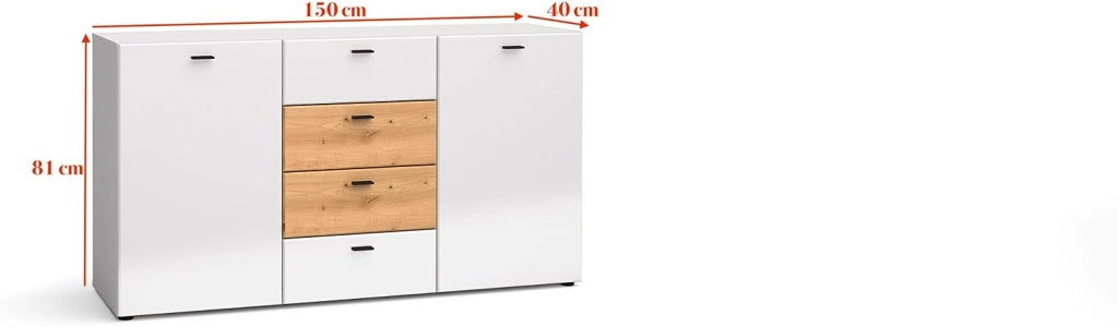 Mobile Comò soggiorno Mila buffet con 2A 4C cm150x40x81h  bianco lucido rovere