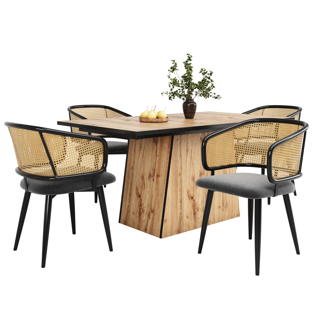 Set 4 Sedie da Pranzo con Schienale in Rattan e Seduta in Velluto ¨C MINIMAL ¨C Moderno, Beige